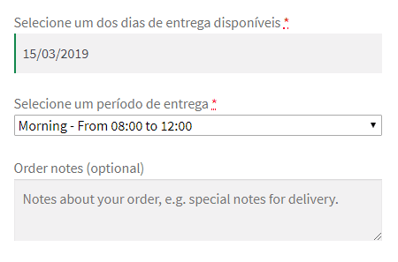 Captura de tela do funcionamento do plugin Delivery Date System for WooCommerce no checkout.