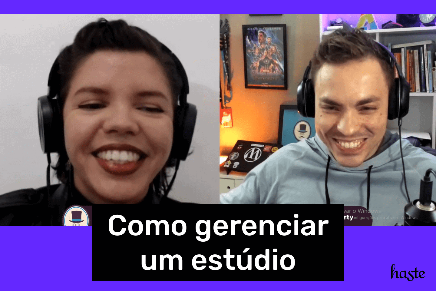 Texto em destaque: como gerenciar um estúdio. Imagem de uma live no youtube. A imagem está dividida com Anyssa Ferreira do estúdio Haste e David Arty do Chief of Design.